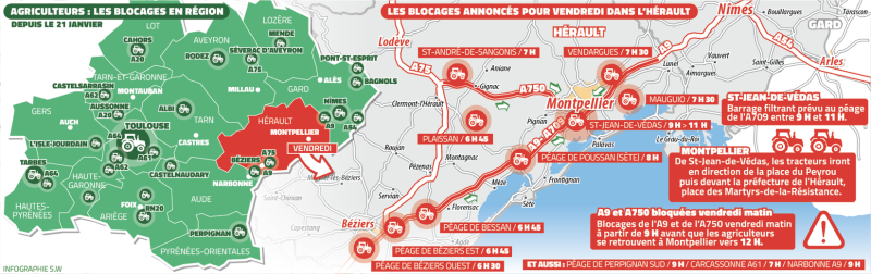 Anger of farmers: the A9 "closed" from Aude to Vaucluse, Black Friday in Hérault, Paris threatened... new blockages planned