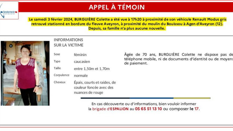 Worrying disappearance in Aveyron: the gendarmerie is looking for Colette, 70, who left her car on the edge of a river