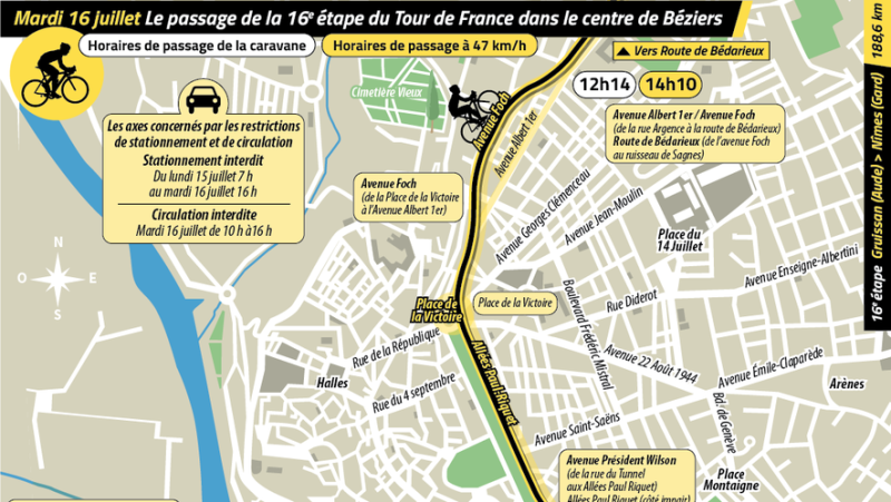 Passage of the Tour de France in Béziers: traffic and parking prohibited in many places