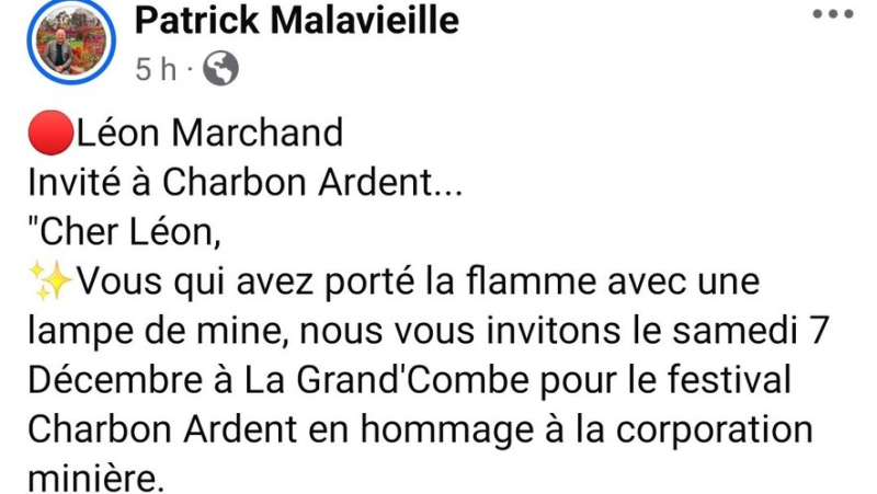 Patrick Malavieille confirms the invitation extended to Léon Marchand to the "Charbon ardent" festival in Cévennes