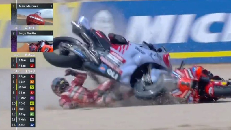 VIDEO. MotoGP : les images terrifiantes de l’accident du triple champion du monde Bagnaia, passé sous la moto de Marquez en fin de course